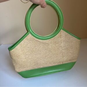 LOFT Green and Cream Tote with Circular Handle